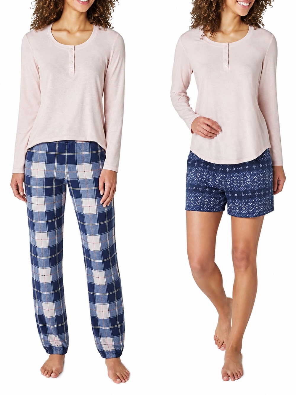Eddie Bauer 3 Piece Light Pink Henley Top with Navy Patterned Pajama Shorts Pant